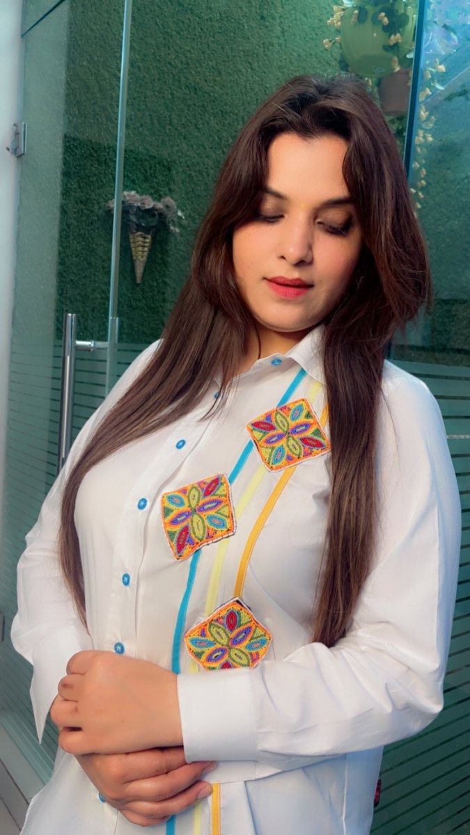 Formal Cotton Shirt with Multi - Coloured Embroidered Patching - Kirti Kapoor Couture
