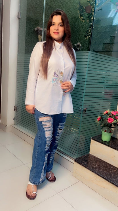 Formal & Elegant White Embroidered Cotton Shirt - Kirti Kapoor Couture
