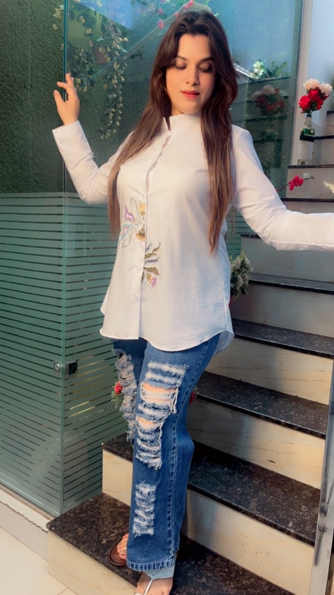 Formal & Elegant White Embroidered Cotton Shirt - Kirti Kapoor Couture