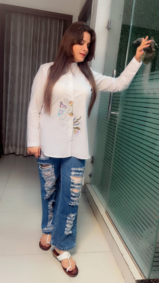 Formal & Elegant White Embroidered Cotton Shirt - Kirti Kapoor Couture