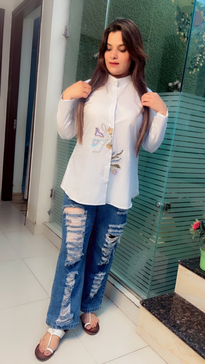 Formal & Elegant White Embroidered Cotton Shirt - Kirti Kapoor Couture