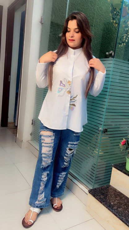 Formal & Elegant White Embroidered Cotton Shirt - Kirti Kapoor Couture