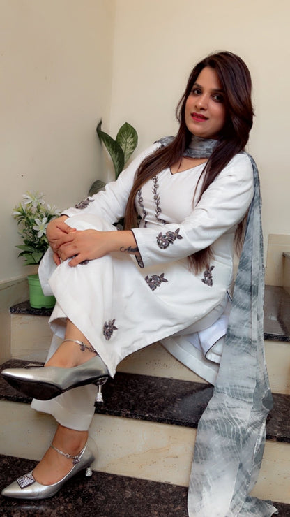 Formal Spun Embroidered and Patch - worked White Suit with Tie & Dye Dupatta - Kirti Kapoor Couture