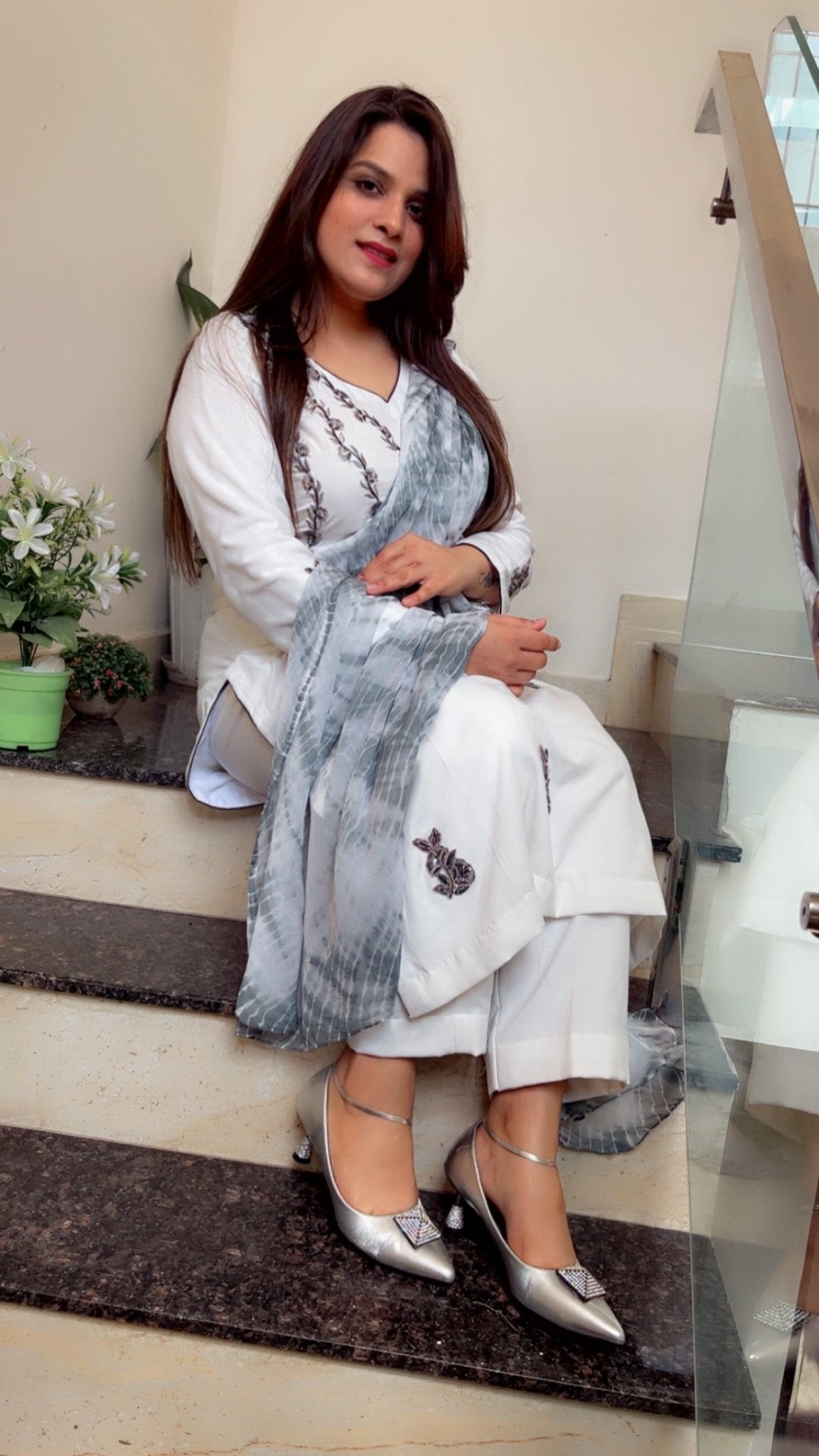Formal Spun Embroidered and Patch - worked White Suit with Tie & Dye Dupatta - Kirti Kapoor Couture