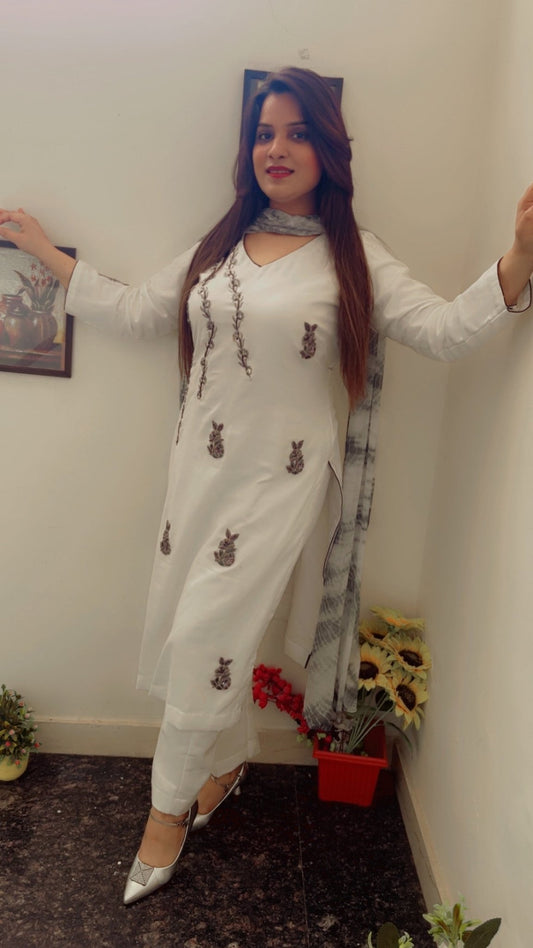 Formal Spun Embroidered and Patch - worked White Suit with Tie & Dye Dupatta - Kirti Kapoor Couture