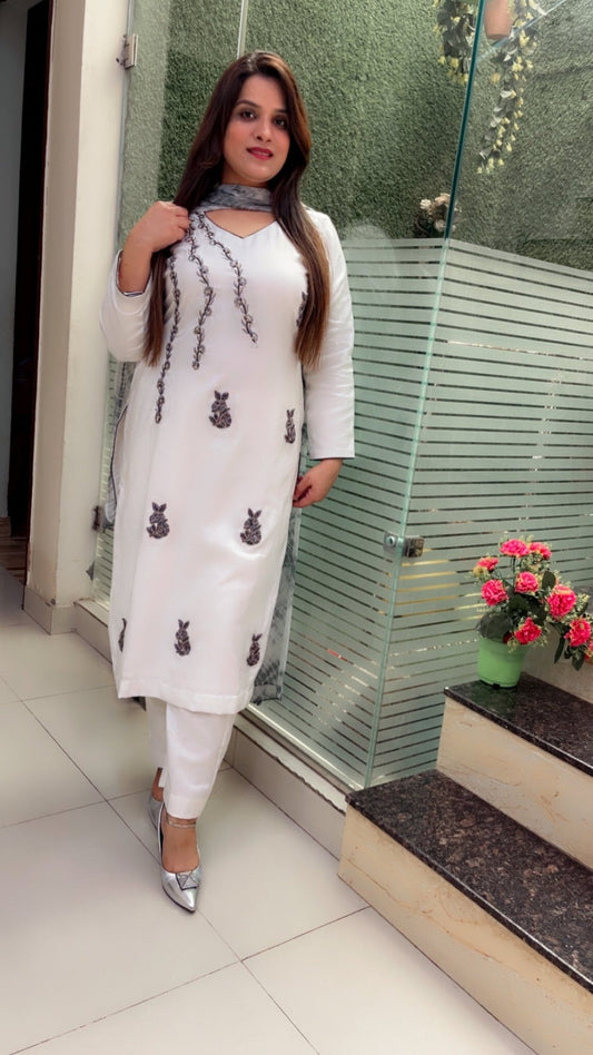 Formal Spun Embroidered and Patch - worked White Suit with Tie & Dye Dupatta - Kirti Kapoor Couture