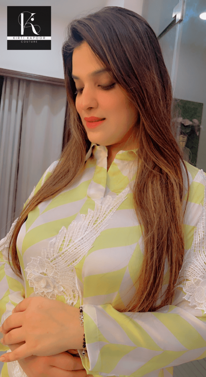 Geometrical Pattern Co - ord (White and Fluorescent Green) - Kirti Kapoor Couture