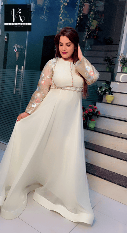 Georgette Flary Gown with Embroidered Net Fabric - Kirti Kapoor Couture