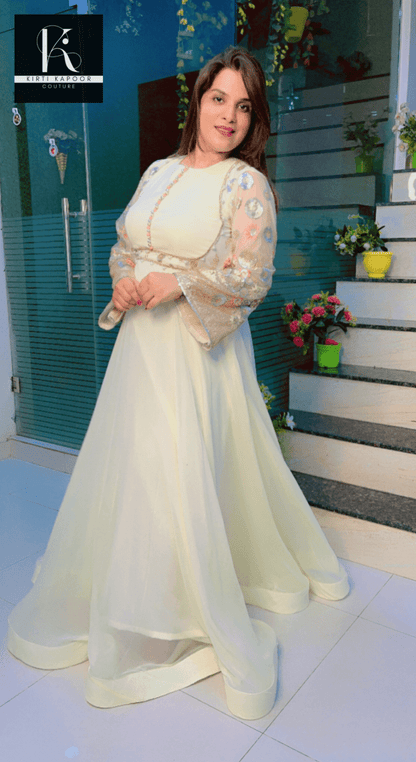 Georgette Flary Gown with Embroidered Net Fabric - Kirti Kapoor Couture