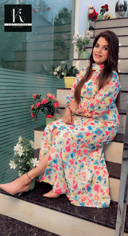 Georgette Floral Printed Sequence One - Piece Dress - Kirti Kapoor Couture