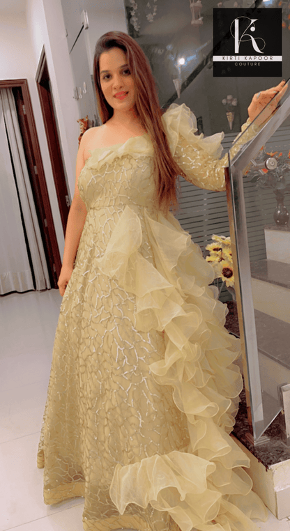 Golden Embroidered Ruffled Gown (Barbie Dress) by Kirti Kapoor - Kirti Kapoor Couture