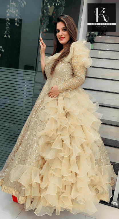 Golden Embroidered Ruffled Gown (Barbie Dress) by Kirti Kapoor - Kirti Kapoor Couture