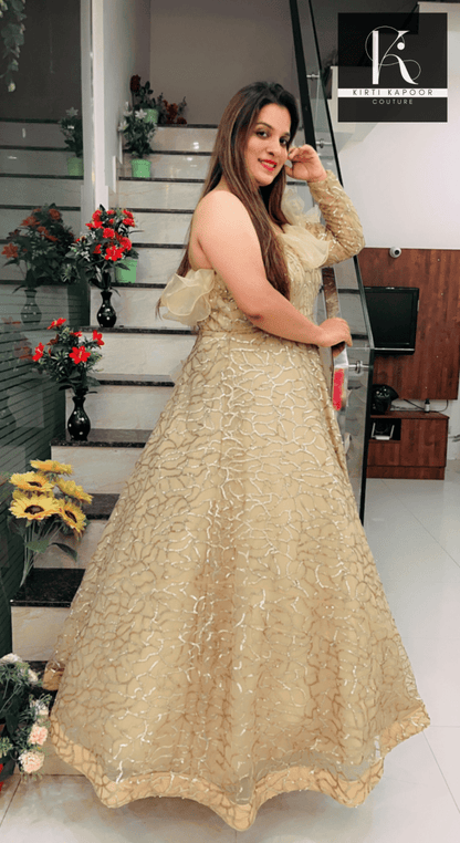 Golden Embroidered Ruffled Gown (Barbie Dress) by Kirti Kapoor - Kirti Kapoor Couture