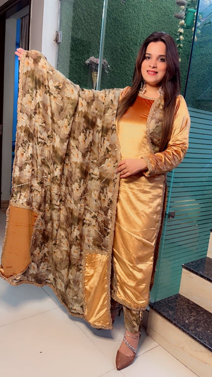 Golden Silk Velvet and Crsuhed Shimmer Suit - Kirti Kapoor Couture
