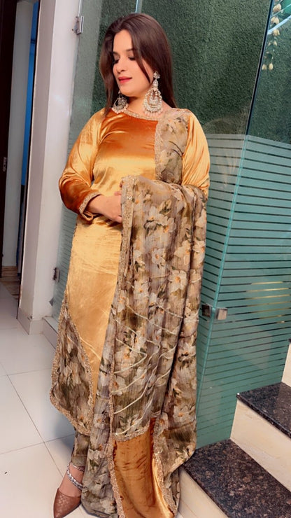 Golden Silk Velvet and Crsuhed Shimmer Suit - Kirti Kapoor Couture