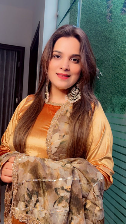 Golden Silk Velvet and Crsuhed Shimmer Suit - Kirti Kapoor Couture