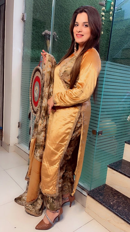 Golden Silk Velvet and Crsuhed Shimmer Suit - Kirti Kapoor Couture