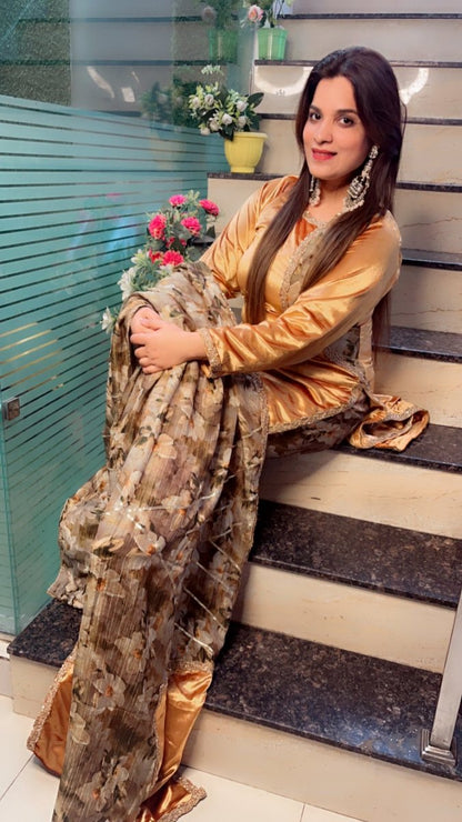 Golden Silk Velvet and Crsuhed Shimmer Suit - Kirti Kapoor Couture