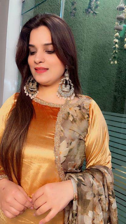 Golden Silk Velvet and Crsuhed Shimmer Suit - Kirti Kapoor Couture