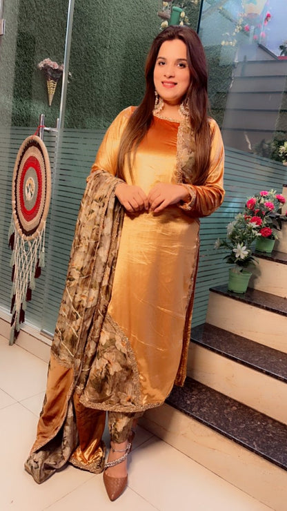 Golden Silk Velvet and Crsuhed Shimmer Suit - Kirti Kapoor Couture
