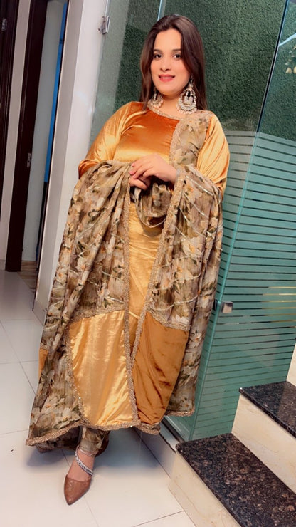 Golden Silk Velvet and Crsuhed Shimmer Suit - Kirti Kapoor Couture