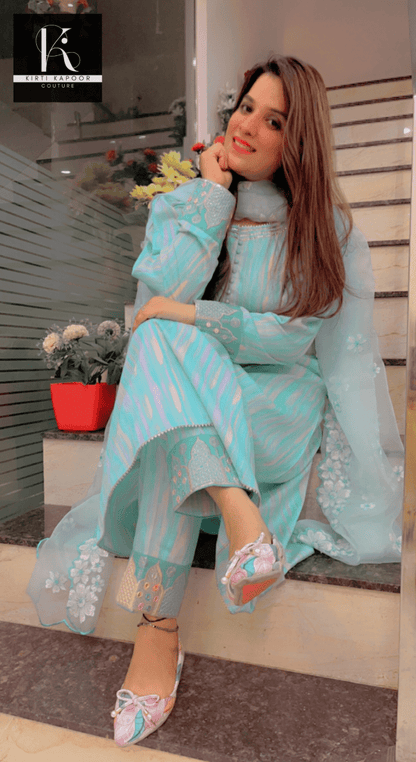 Gorgeous A - line Suit With Embroidered Organza Dupatta - Kirti Kapoor Couture