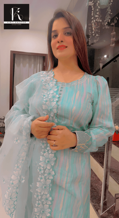 Gorgeous A - line Suit With Embroidered Organza Dupatta - Kirti Kapoor Couture