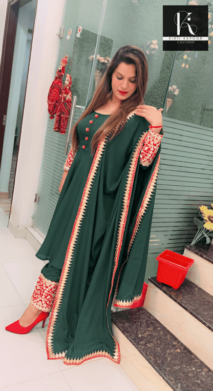 Green Anarkali Suit with Red Highlighting - Kirti Kapoor Couture