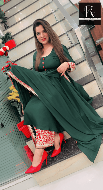 Green Anarkali Suit with Red Highlighting - Kirti Kapoor Couture