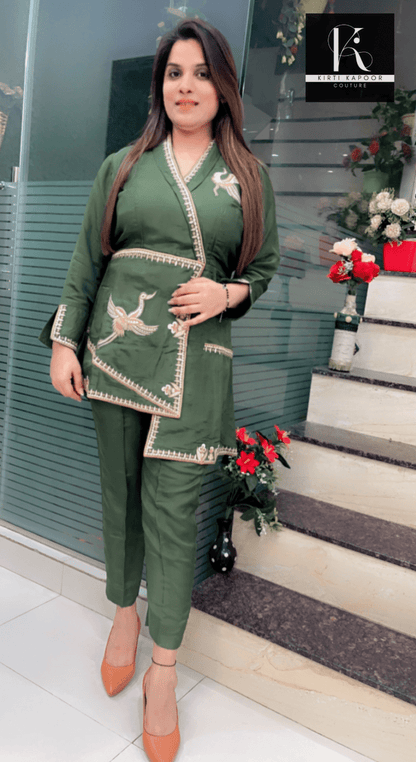 Green Embroidered Co - ord Set (Up - down Shirt & Pant) - Kirti Kapoor Couture