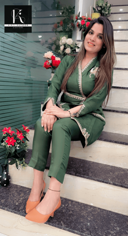 Green Embroidered Co - ord Set (Up - down Shirt & Pant) - Kirti Kapoor Couture