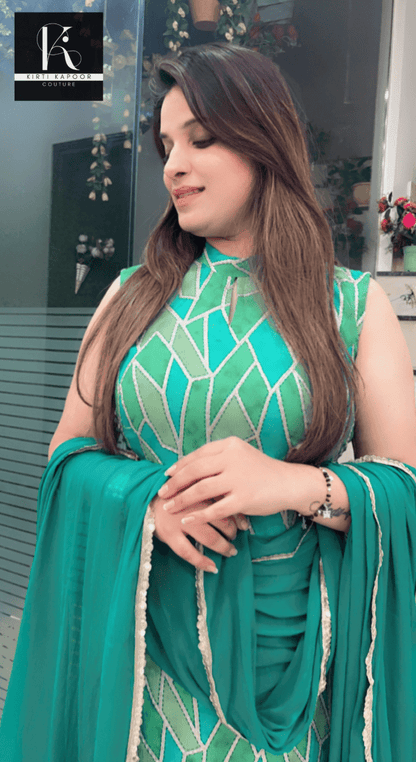 Green Geometrical Printed Suit - Kirti Kapoor Couture