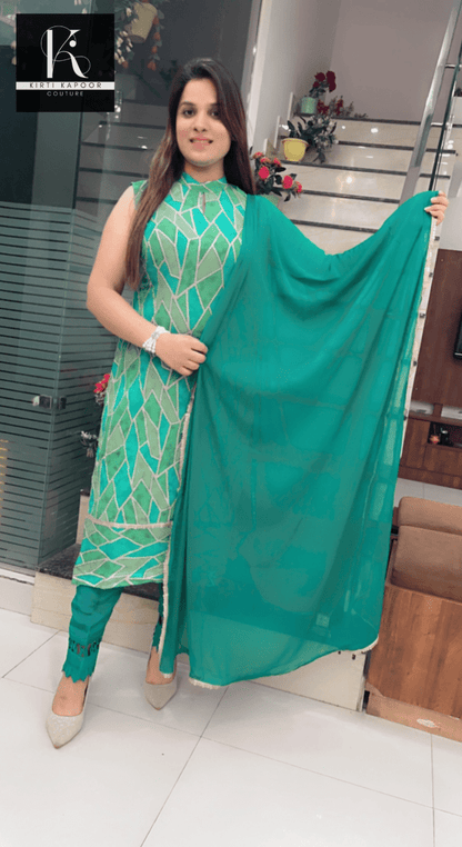 Green Geometrical Printed Suit - Kirti Kapoor Couture