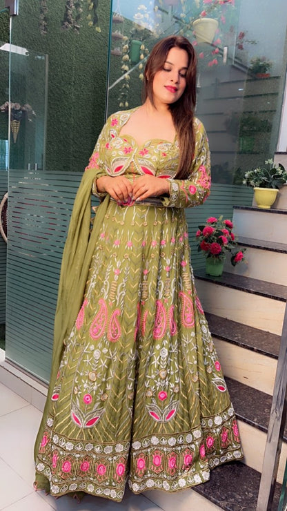 Green Hand - Embroidered Lehenga Choli (Mehndi Outfit) - Kirti Kapoor Couture