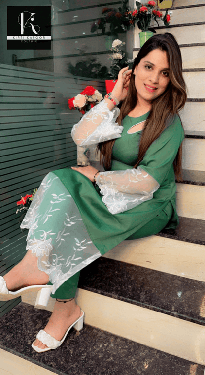 Green Kurti and Pant Set (Designer Lace - Worked) - Kirti Kapoor Couture