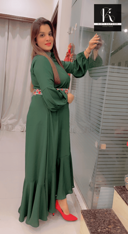 Green Maxi with Embroidered Belt - Kirti Kapoor Couture