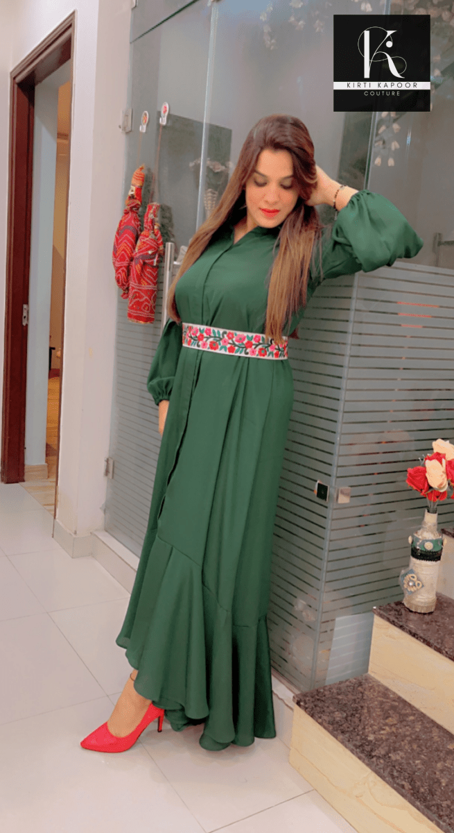 Green Maxi with Embroidered Belt - Kirti Kapoor Couture
