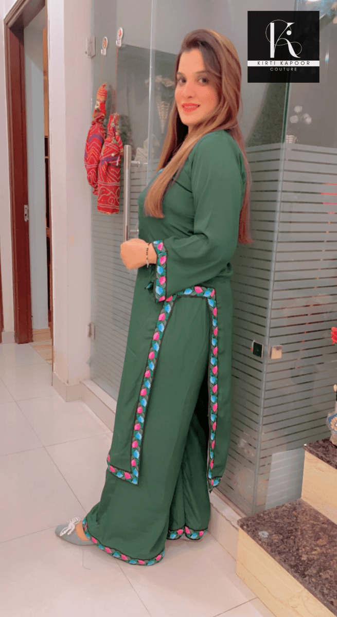 Green Plazo Suit - Floral Embroidered Lace Work - Kirti Kapoor Couture