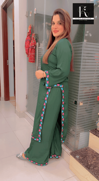 Green Plazo Suit - Floral Embroidered Lace Work - Kirti Kapoor Couture