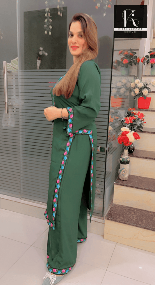 Green Plazo Suit - Floral Embroidered Lace Work - Kirti Kapoor Couture