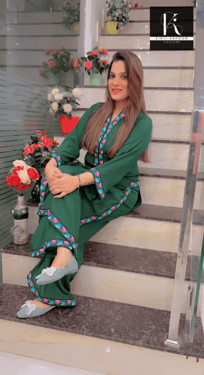 Green Plazo Suit - Floral Embroidered Lace Work - Kirti Kapoor Couture