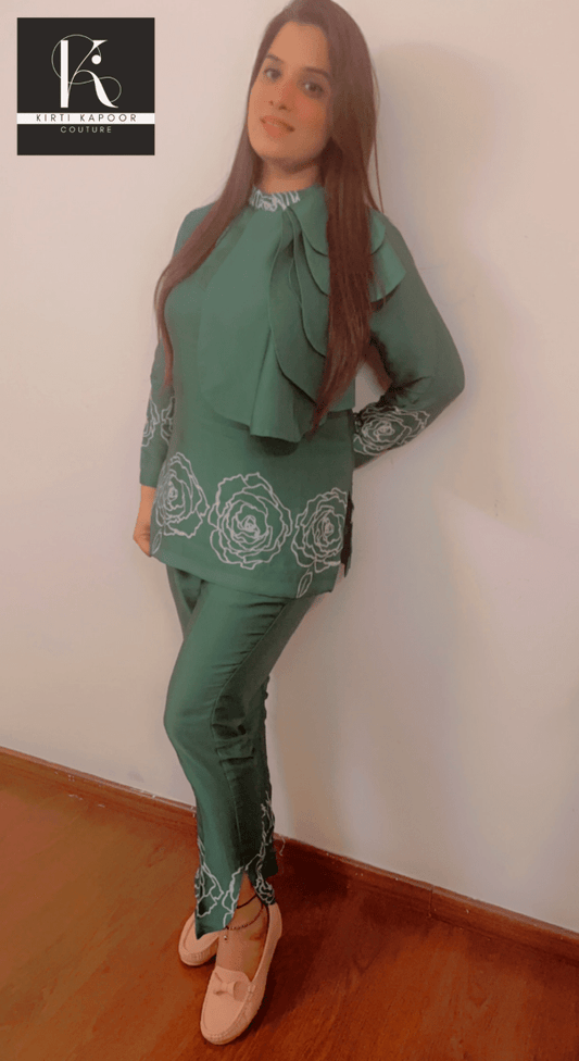 Green Satin Georgette Co - ord Set - Kirti Kapoor Couture