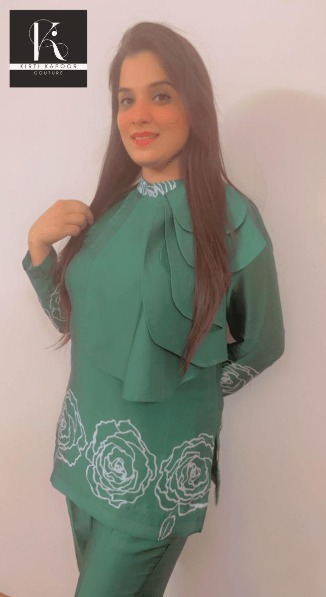 Green Satin Georgette Co - ord Set - Kirti Kapoor Couture