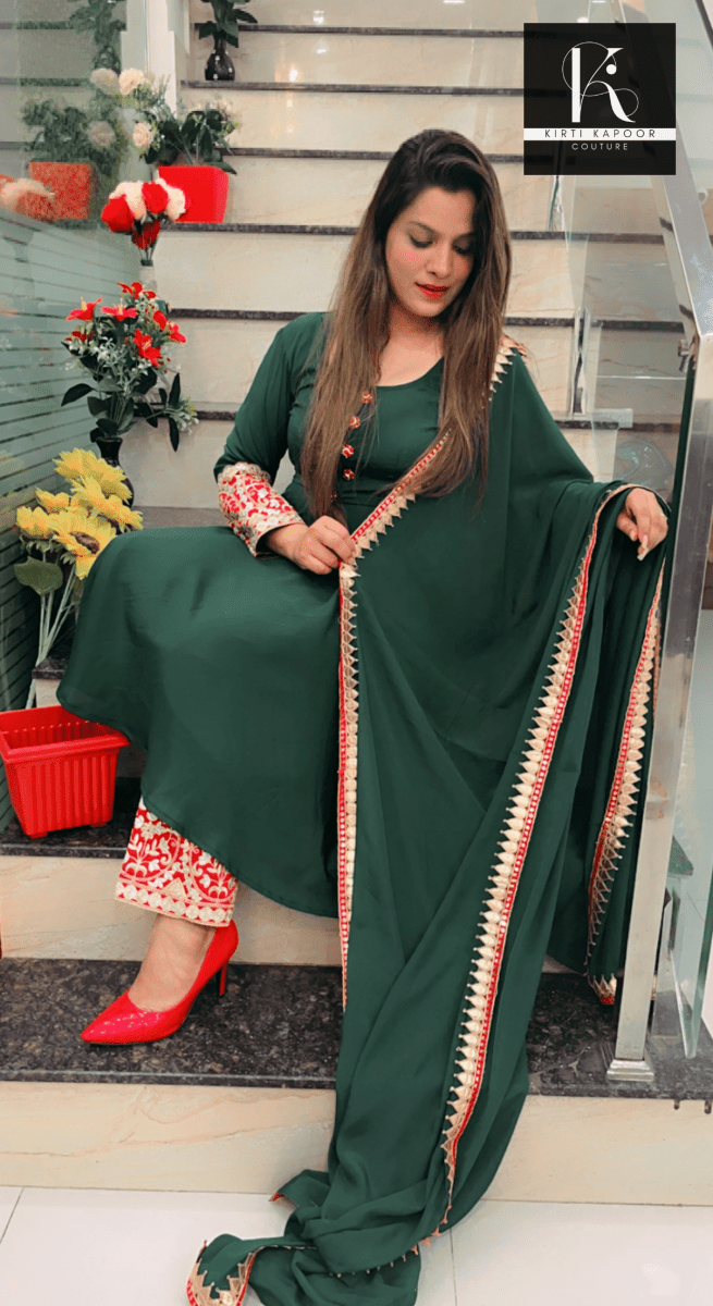Green Stylish Anarkali (red - golden lace - worked) - Kirti Kapoor Couture