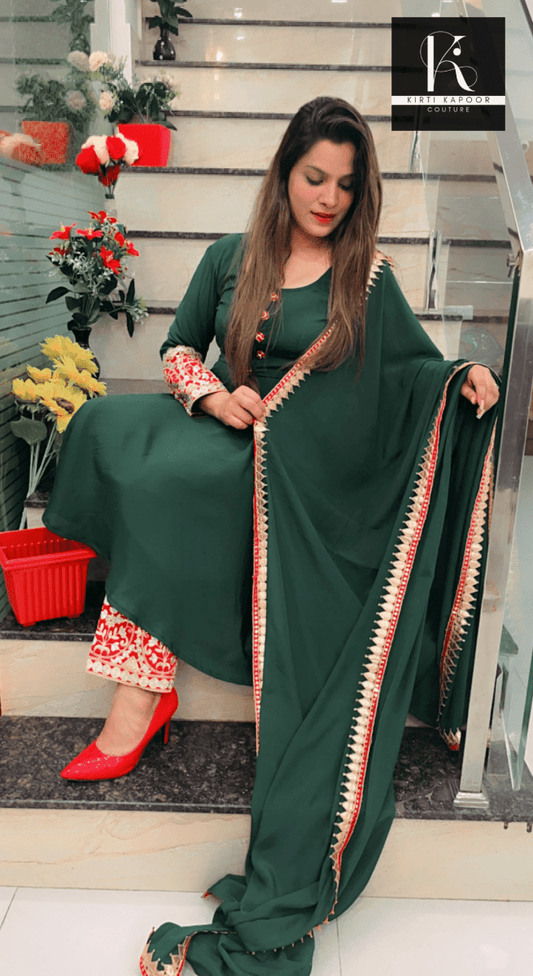 Green Stylish Anarkali (red - golden lace - worked) - Kirti Kapoor Couture