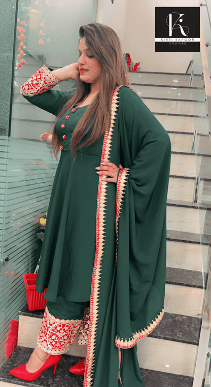 Green Stylish Anarkali (red - golden lace - worked) - Kirti Kapoor Couture