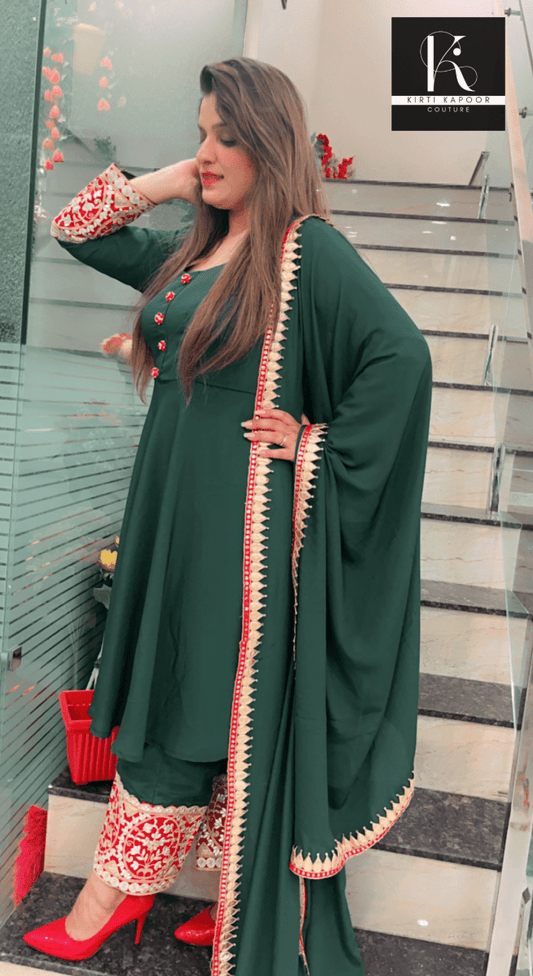 Green Stylish Anarkali (red - golden lace - worked) - Kirti Kapoor Couture