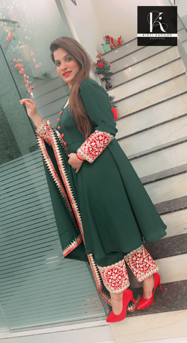 Green Stylish Anarkali (red - golden lace - worked) - Kirti Kapoor Couture