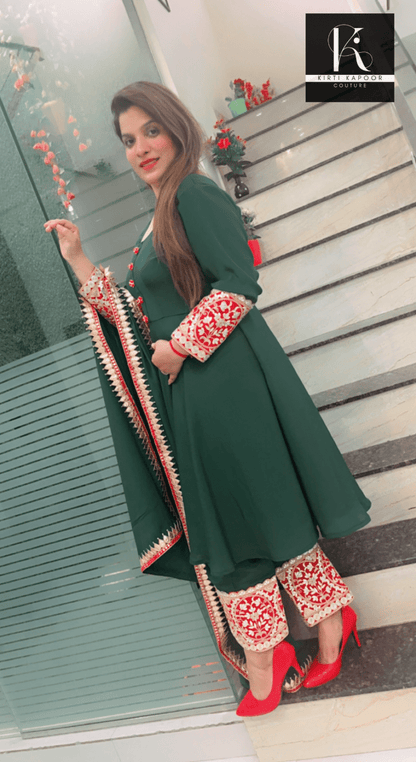 Green Stylish Anarkali (red - golden lace - worked) - Kirti Kapoor Couture