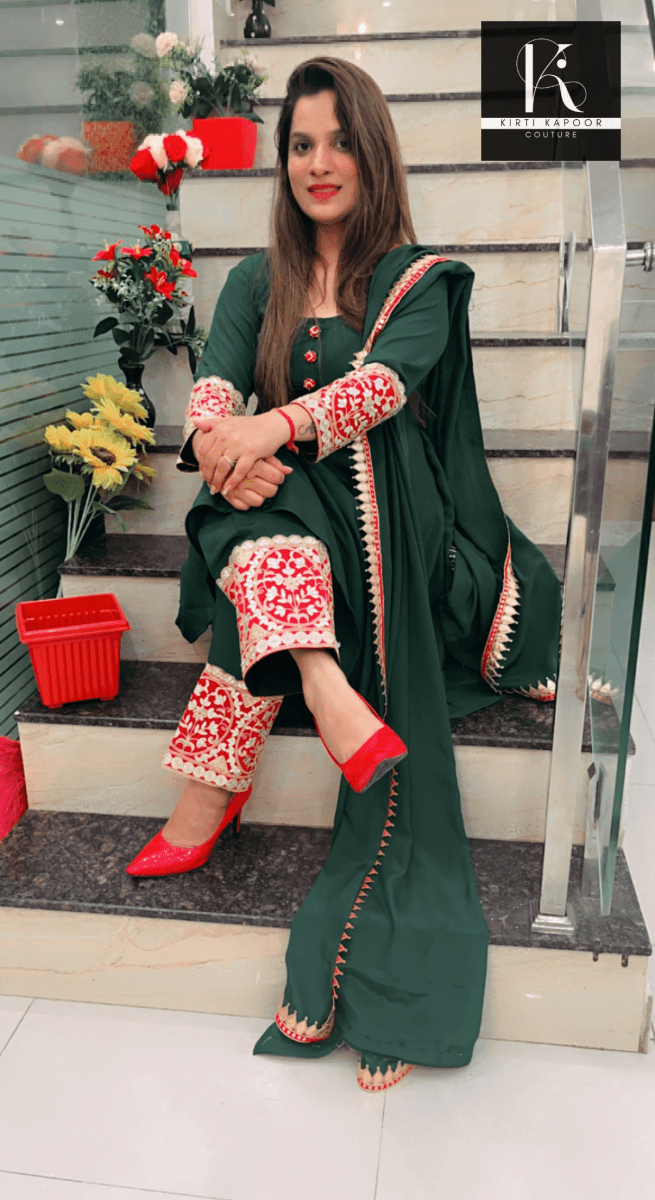 Green Stylish Anarkali (red - golden lace - worked) - Kirti Kapoor Couture